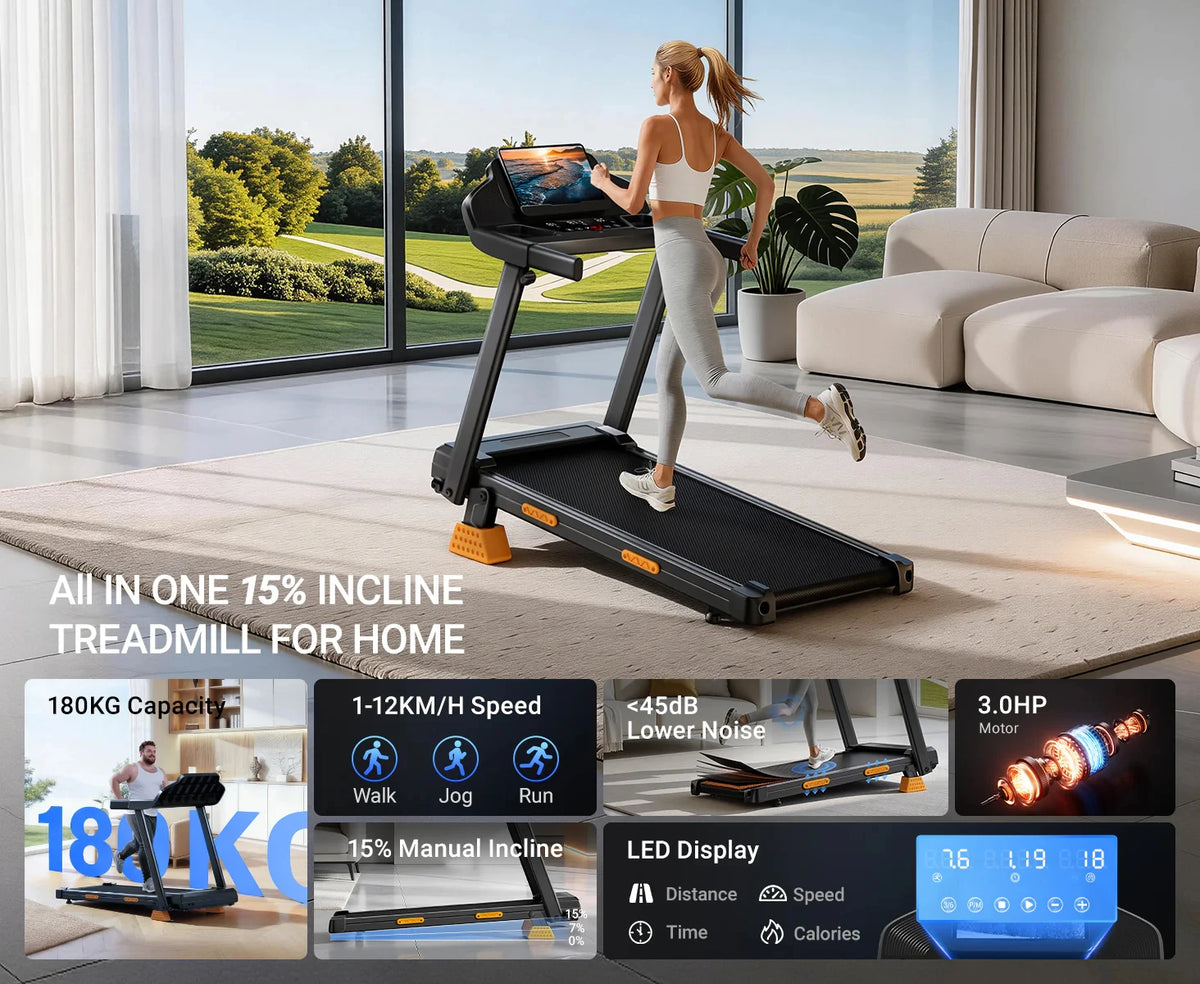 LONTEK SF20 Tapis roulant pieghevole con tre schermi più ampi e supporto, inclinazione del 15% e velocità massima di 12 km/h, 12 programmi preimpostati, capacità di carico di 180 kg