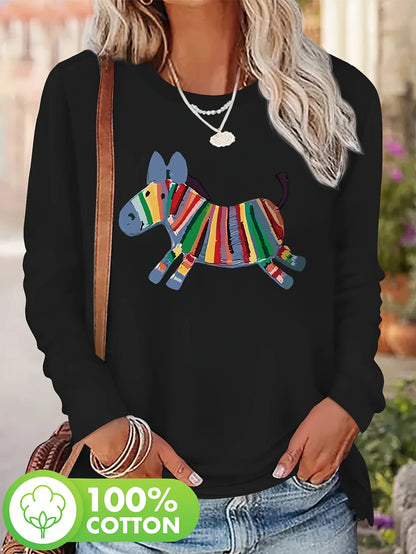 T-shirt girocollo stampata con motivo Torre Eiffel Parigi a maniche lunghe comoda moda primavera e autunno 100% cotone da donna