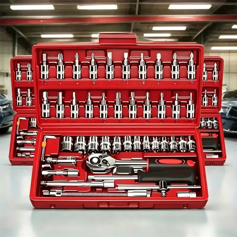 Set di 46 Pezzi di Chiavi a Bussola, Kit di Cacciaviti a Cricchetto, Set di Utensili Manuali per Riparazioni Auto, Manutenzione Biciclette e Riparazioni Meccaniche Domestiche