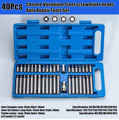 40 pezzi Torx Star Spline Set di punte a esagono incassato Kit di strumenti Cacciavite di precisione Bit Attrezzatura per garage Strumenti di riparazione professionali per auto