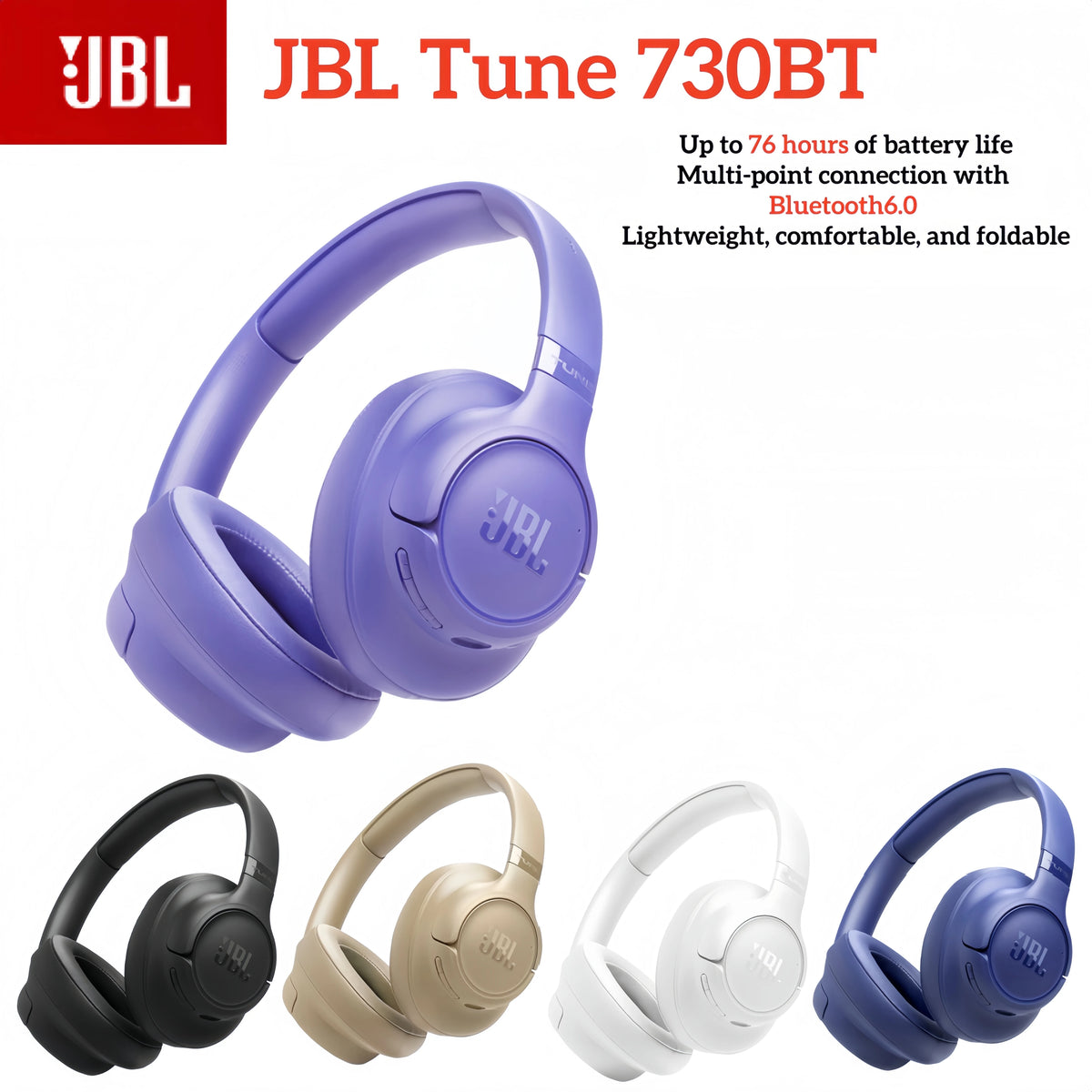 Cuffie wireless JBL Tune 730BT, dotate di tecnologia avanzata di cancellazione del rumore, leggere, pieghevoli, cuffie Bluetooth.