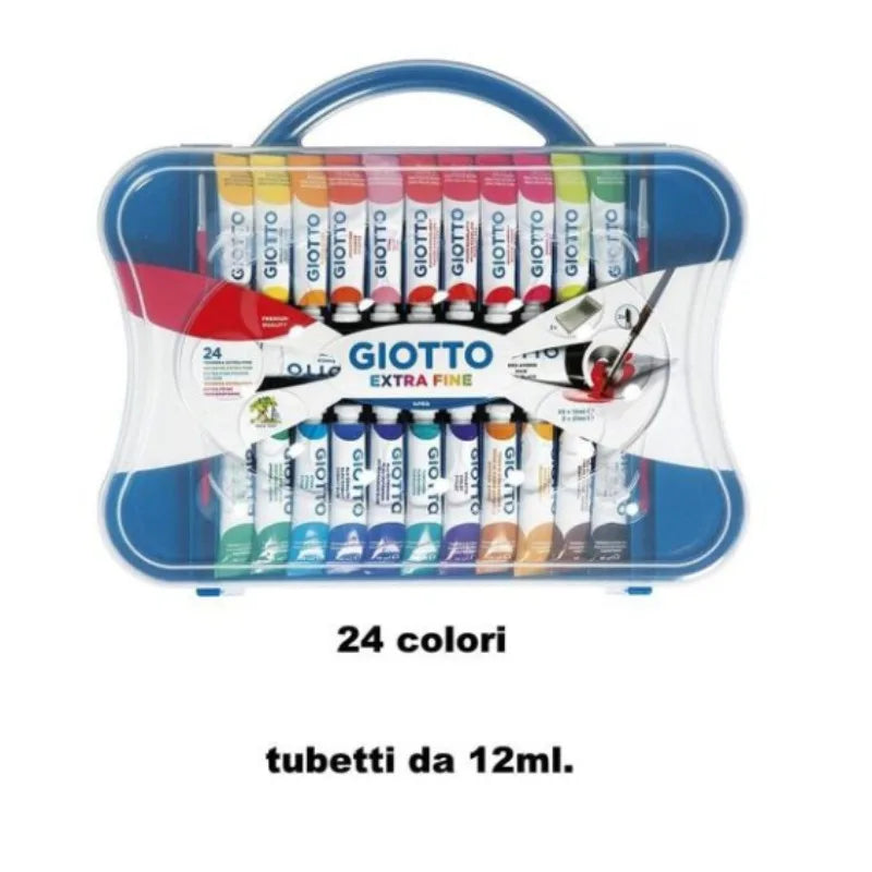 Set di colori a tempera GIOTTO, 24 colori, tubetti da 12 ml, pennello extra fine, con custodia riutilizzabile per il trasporto, ideale per dipingere, miscelare i colori, per l’uso in classe e per attività artistiche domest
