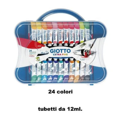 Set di colori a tempera GIOTTO, 24 colori, tubetti da 12 ml, pennello extra fine, con custodia riutilizzabile per il trasporto, ideale per dipingere, miscelare i colori, per l’uso in classe e per attività artistiche domest