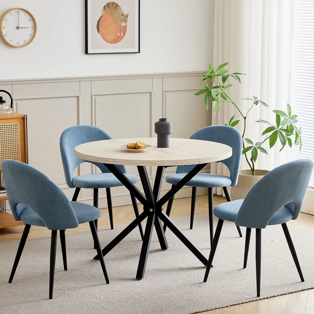 Tavolo da pranzo rotondo in stile nordico EGOONM, 100 cm, piano in MDF, gambe in metallo nero, ideale per sala da pranzo, cucina e arredamento della casa.