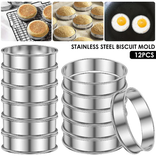 Set di 12 Anelli per English Muffin in Acciaio Inox 304, Anelli Antiaderenti per Crumpet e Torte, Anelli a Doppio Bordo per Muffin e Tarte