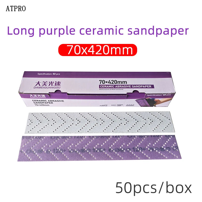 Carta vetrata ceramica viola lunga 70x420 mm per lucidatura e molatura auto floccaggio abrasivo 80-400 grana opzioni forniture per la cura dell'auto