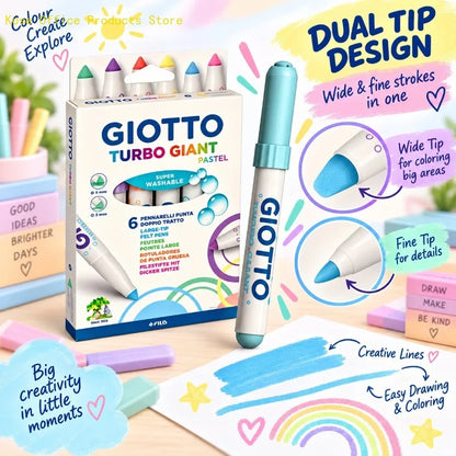 GIOTTO Set da 6 Pennarelli Pastello Turbo Giant Super Lavabili con Punta Larga in Feltro per Disegno, Colorazione, Progetti Artistici Scolastici per Bambini