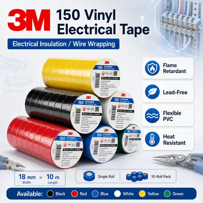 Nastro isolante in PVC 3M 150, ignifugo, senza piombo, per la riparazione di cavi e fili elettrici, 6 colori, 18mmx10m