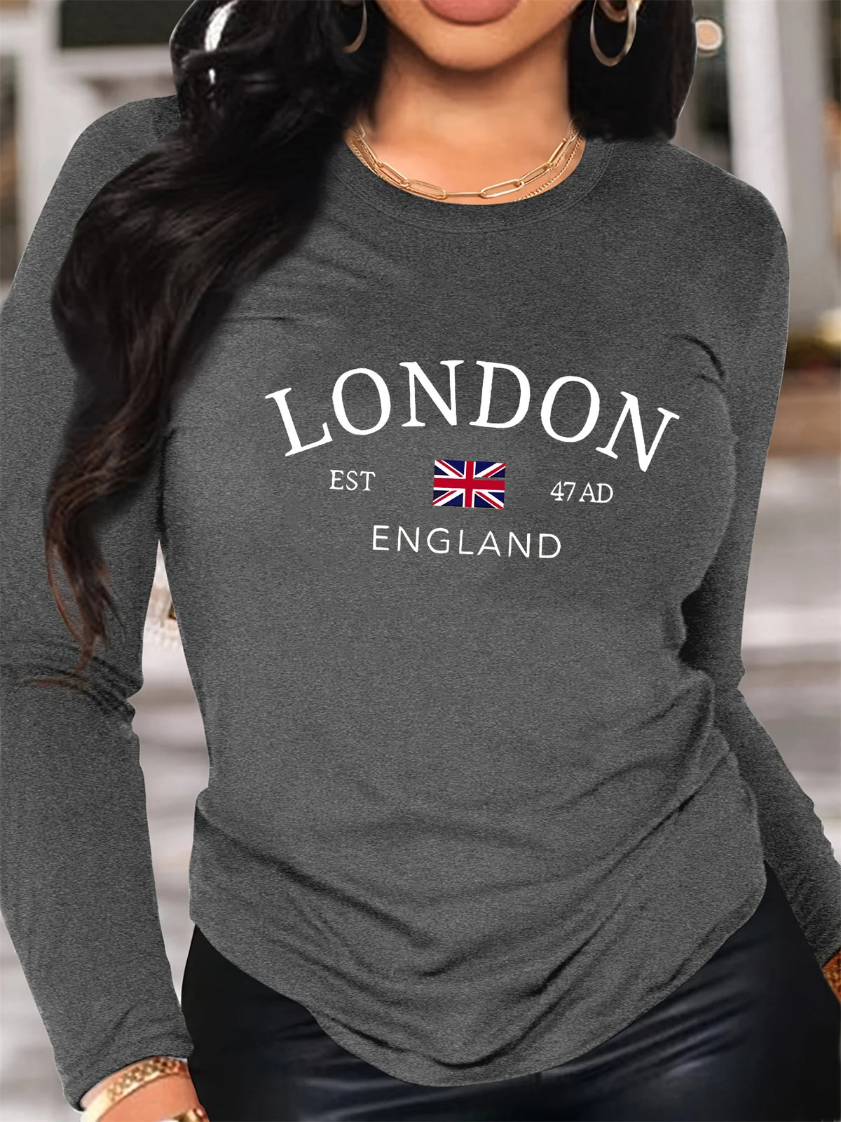 T-shirt da donna in 100% puro cotone, ideale per la primavera e l'autunno, comoda, casual, a maniche lunghe, con stampa a motivi inglese e scollo rotondo.