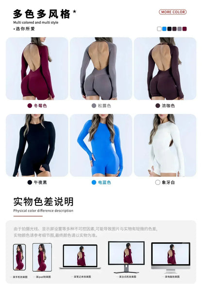 LOGO Tuta Intera a Maniche Lunghe Senza Schiena, Alta Elasticità, Effetto Push-Up sui Glutei, Body da Allenamento Senza Cuciture, Tuta Corta per Palestra e Yoga, Abbigliamento Sportivo Fitness