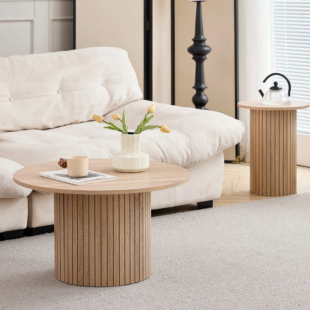 Set di 2 tavolini rotondi in legno in stile nordico, tavolino da caffè impilabile in legno, per mobili da soggiorno/camera da letto