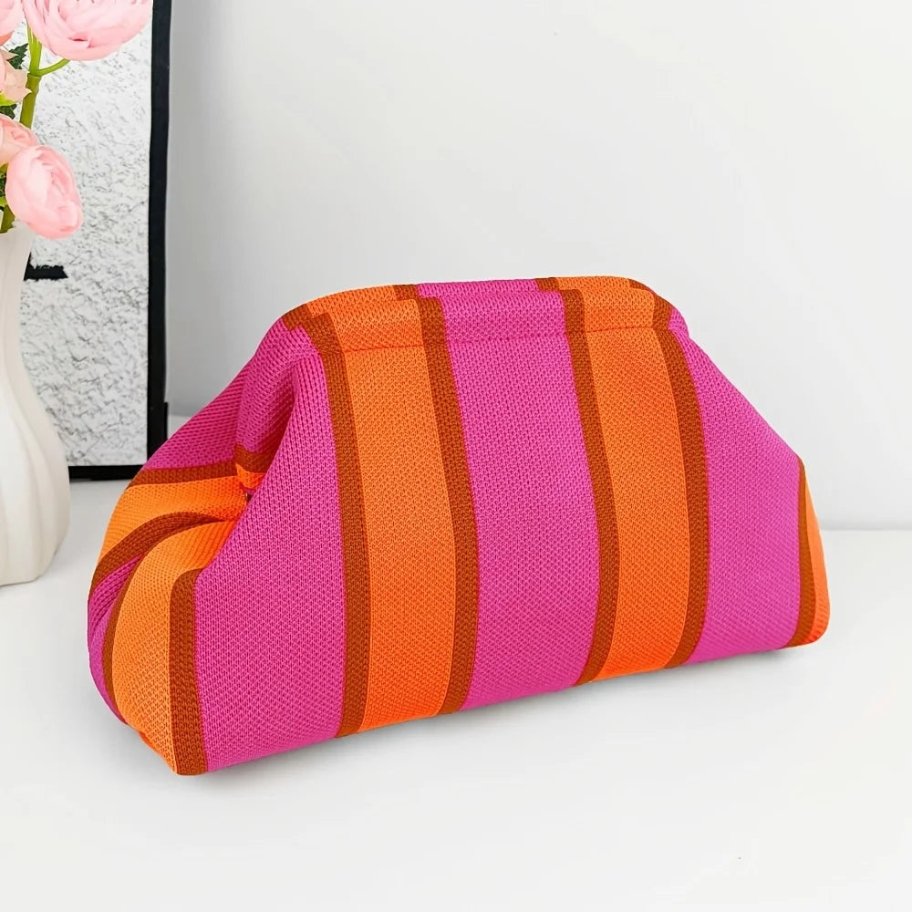 Nuova borsa intrecciata traforata a righe, borsa a mano in maglia, versatile borsa portatile per cosmetici