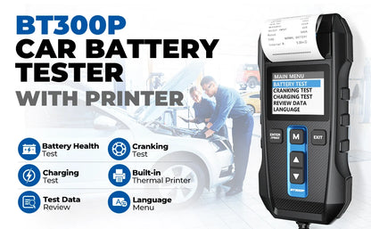 TOPDON BT300P Tester per Batterie Auto 12V 24V, Tester di Carico Automobilistico 100-2000 CCA con Stampante Integrata, Strumento Diagnostico per Sistema di Avviamento e Ricarica, Analizzatore per Batterie AGM, Gel, EFB e a Pi