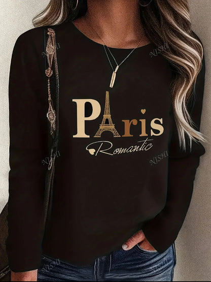 T-shirt girocollo stampata con motivo Torre Eiffel Parigi a maniche lunghe comoda moda primavera e autunno 100% cotone da donna