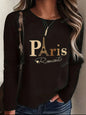 T-shirt girocollo stampata con motivo Torre Eiffel Parigi a maniche lunghe comoda moda primavera e autunno 100% cotone da donna