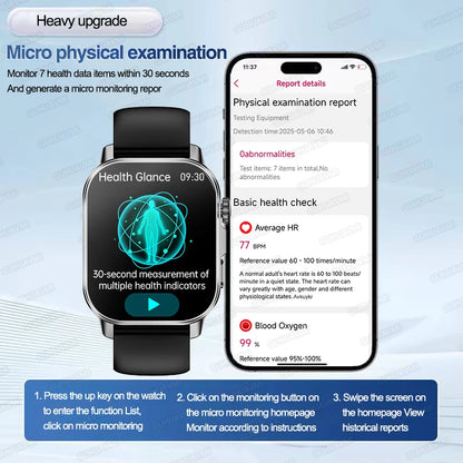 Nuovo Smartwatch per Uomo con Diagnosi ECG Accurata, Misurazione di Pressione Sanguigna, Ossigeno nel Sangue, Grasso nel Sangue, Acido Urico, Temperatura, Chiamate Bluetooth