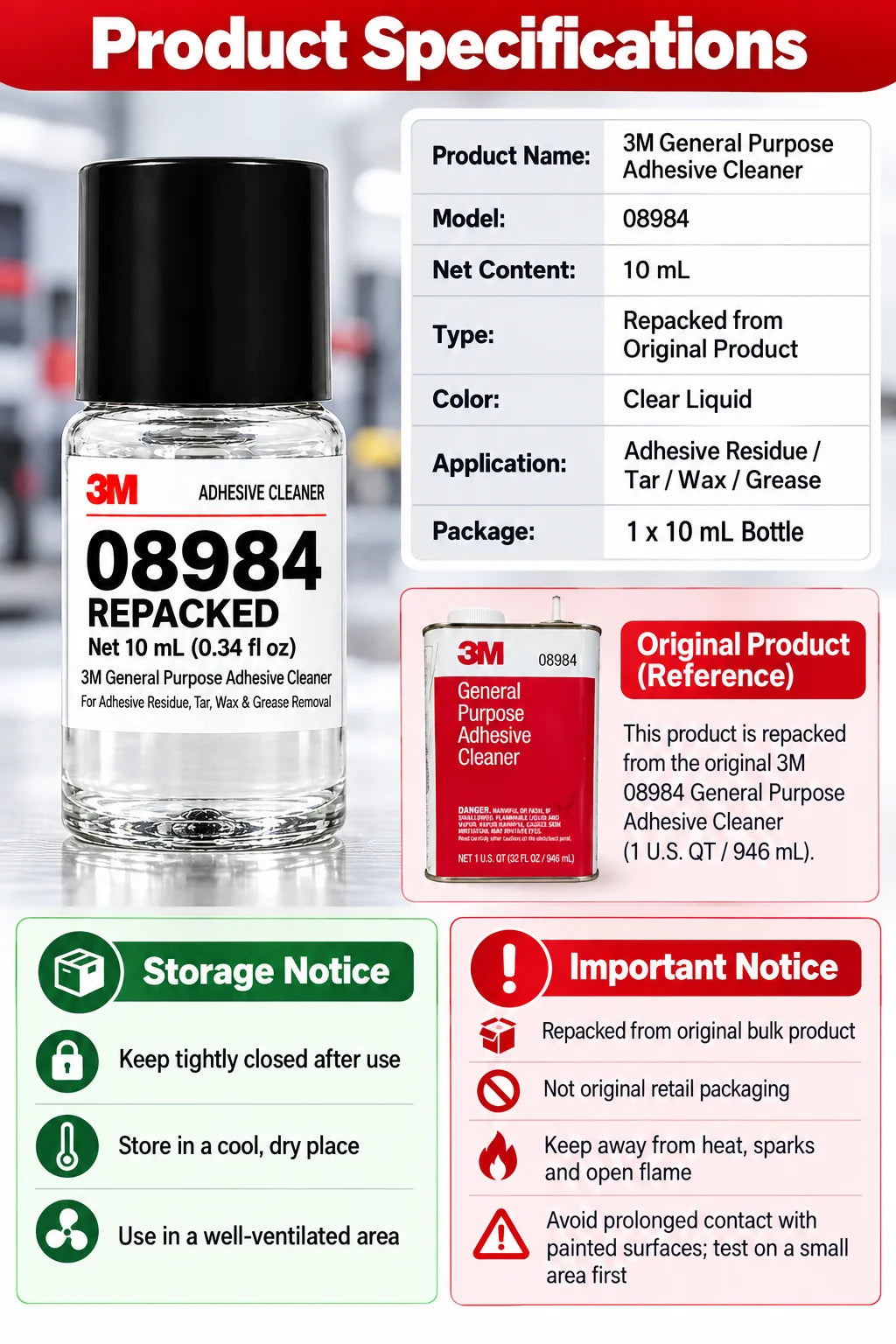 3M 08984 Detergente Rimuovi Adesivi 10mL Ricompresso, Rimuovi Residui di Colla, Adesivi, Catrame, Cera e Grasso per Officina di Detailing Auto