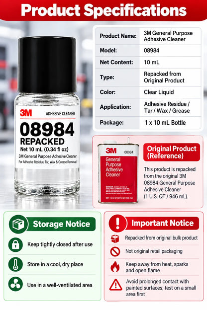 3M 08984 Detergente Rimuovi Adesivi 10mL Ricompresso, Rimuovi Residui di Colla, Adesivi, Catrame, Cera e Grasso per Officina di Detailing Auto