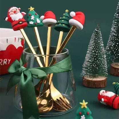 Set cucchiaio e forchetta natalizio in acciaio inossidabile caffè tè utensili da dessert confezione regalo design albero di Babbo Natale facile da pulire     6/4/2/1PZ