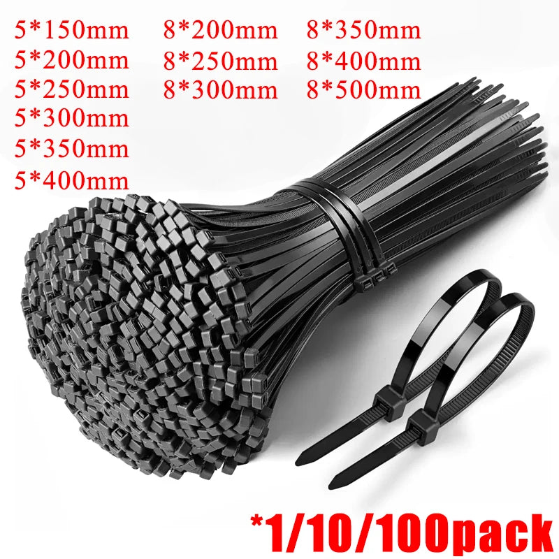 250PCS Fascetta in nylon di plastica autobloccante Fascetta per cavi nera 5X300 8*200mm Anello di fissaggio Fascetta per cavi Fascette per cavi in nylon con cinturino