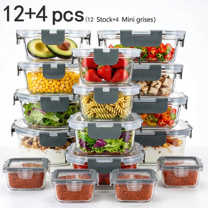 Set di 12+4 Contenitori in Vetro per Alimenti con Coperchi Ermetici, Contenitori Impilabili a Prova di Perdite per Preparazione Pasti, Scatole in Vetro Sicure per Frutta, Verdura, Cibi Cotti, Organizzazione Dispensa