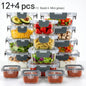 Set di 12+4 Contenitori in Vetro per Alimenti con Coperchi Ermetici, Contenitori Impilabili a Prova di Perdite per Preparazione Pasti, Scatole in Vetro Sicure per Frutta, Verdura, Cibi Cotti, Organizzazione Dispensa