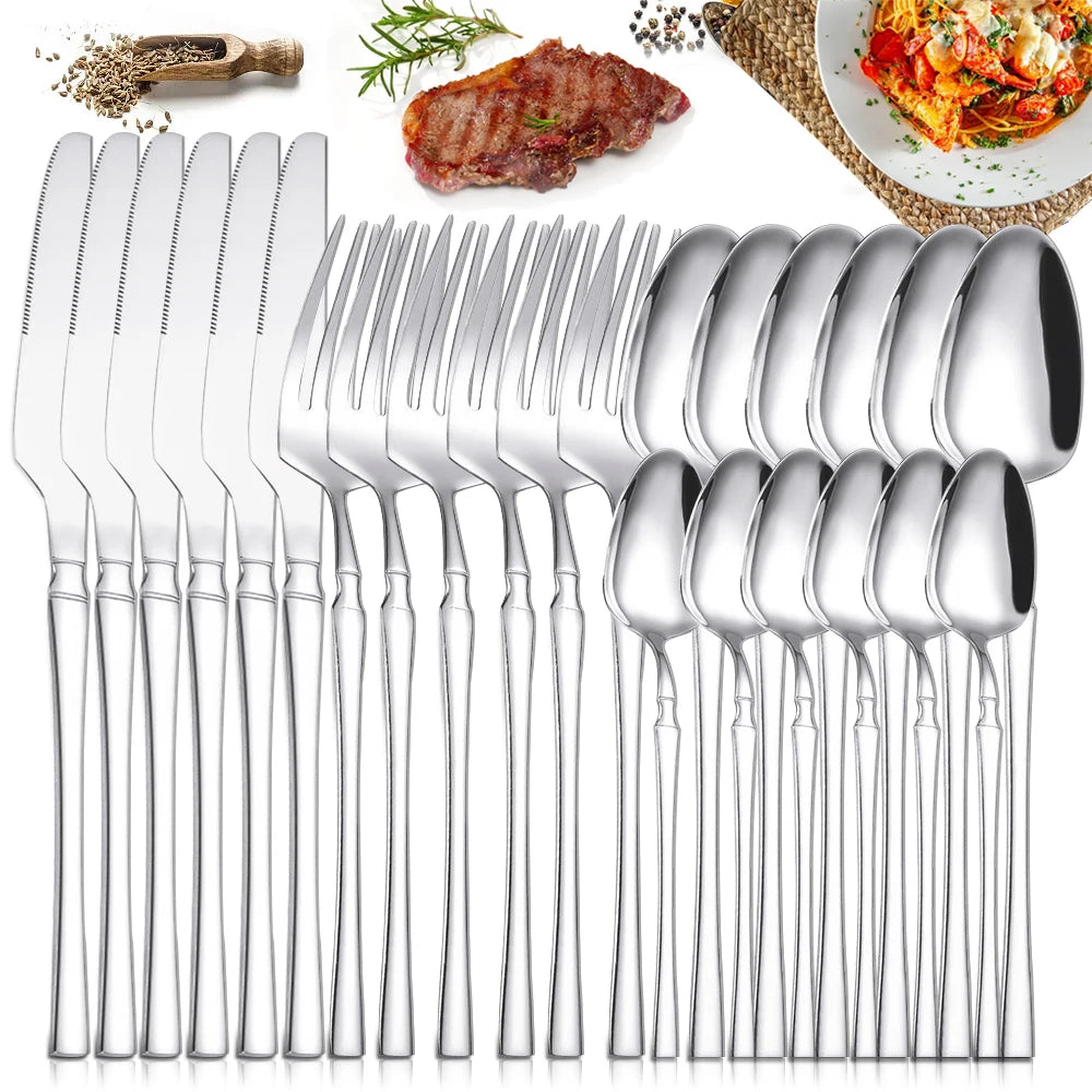 Set di posate da 24 pezzi in acciaio inox, coltelli, forchette, cucchiaini da caffè, stoviglie lavabili in lavastoviglie.