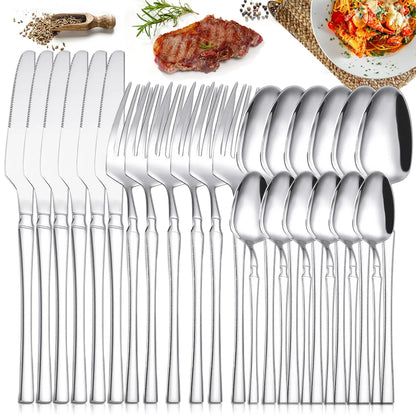 Set di posate da 24 pezzi in acciaio inox, coltelli, forchette, cucchiaini da caffè, stoviglie lavabili in lavastoviglie.