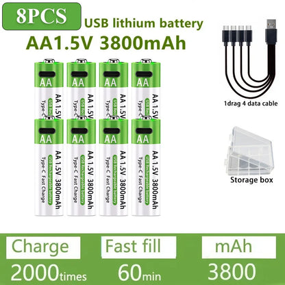 Nuove Batterie al Litio Ricaricabili AA 1.5V 3800mAh + AAA 3000mAh, Ricarica Rapida, 1200 Cicli, con Cavi Gratuiti e Scatola