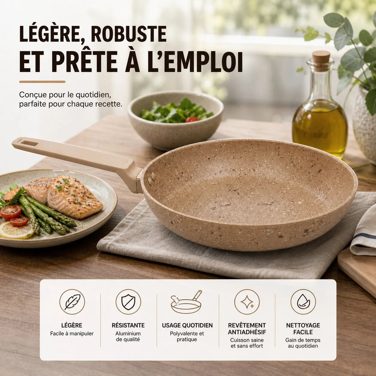 Padella in alluminio da 28 cm con rivestimento antiaderente effetto pietra, padella da cucina versatile compatibile con tutti i tipi di piani cottura, inclusa l'induzione, manico ergonomico e cottura sana senza sforzo.