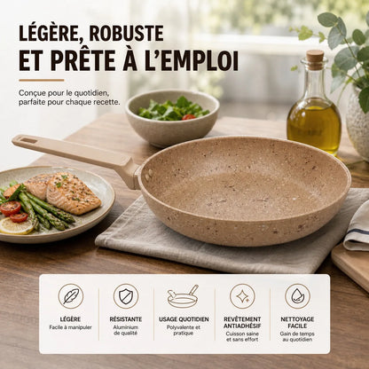 Padella in alluminio da 28 cm con rivestimento antiaderente effetto pietra, padella da cucina versatile compatibile con tutti i tipi di piani cottura, inclusa l'induzione, manico ergonomico e cottura sana senza sforzo.