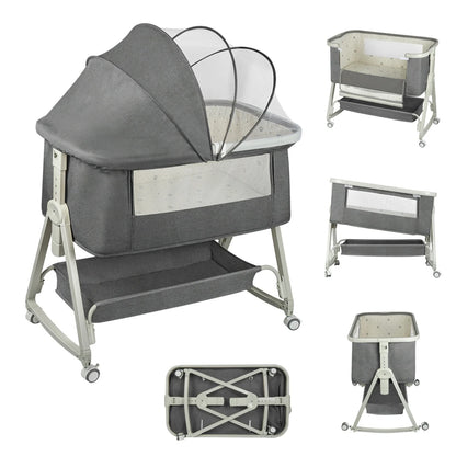 Culla 4-in-1 per Neonati, Culla Co-sleeping con Ruote Integrate, con Materasso e Zanzariera, Grigio, 91L X 50L X 68-81H Cm
