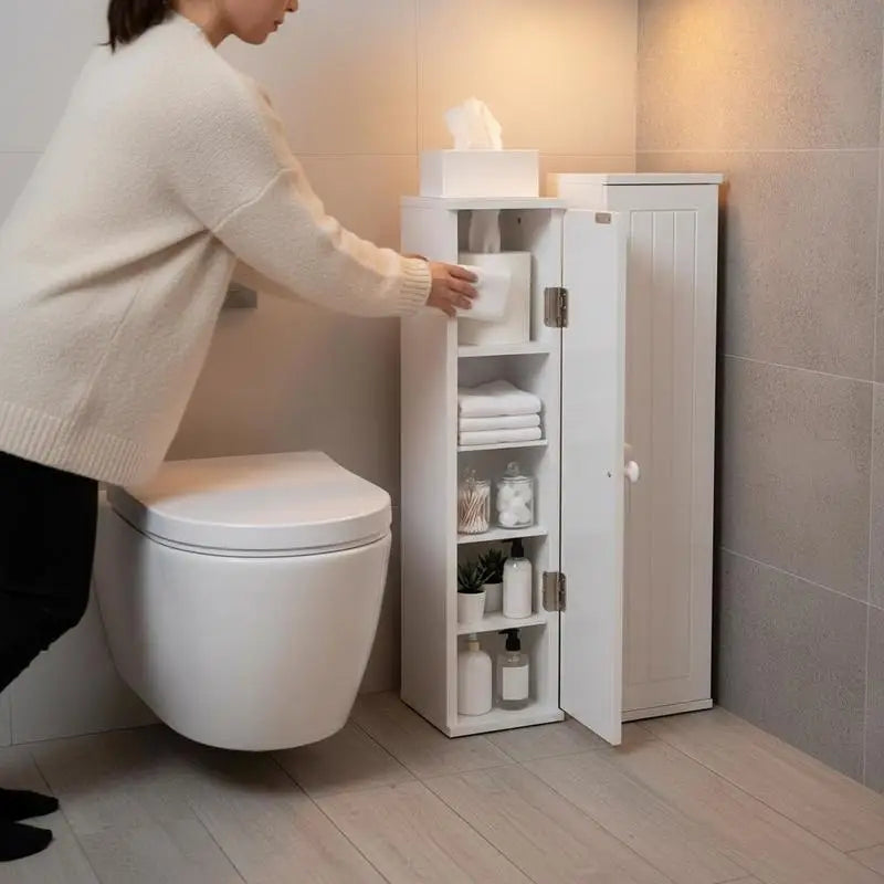 Set di 2 mobili da bagno con 3 ripiani rimovibili, larghezza 16 cm, mobiletto per WC, bianco
