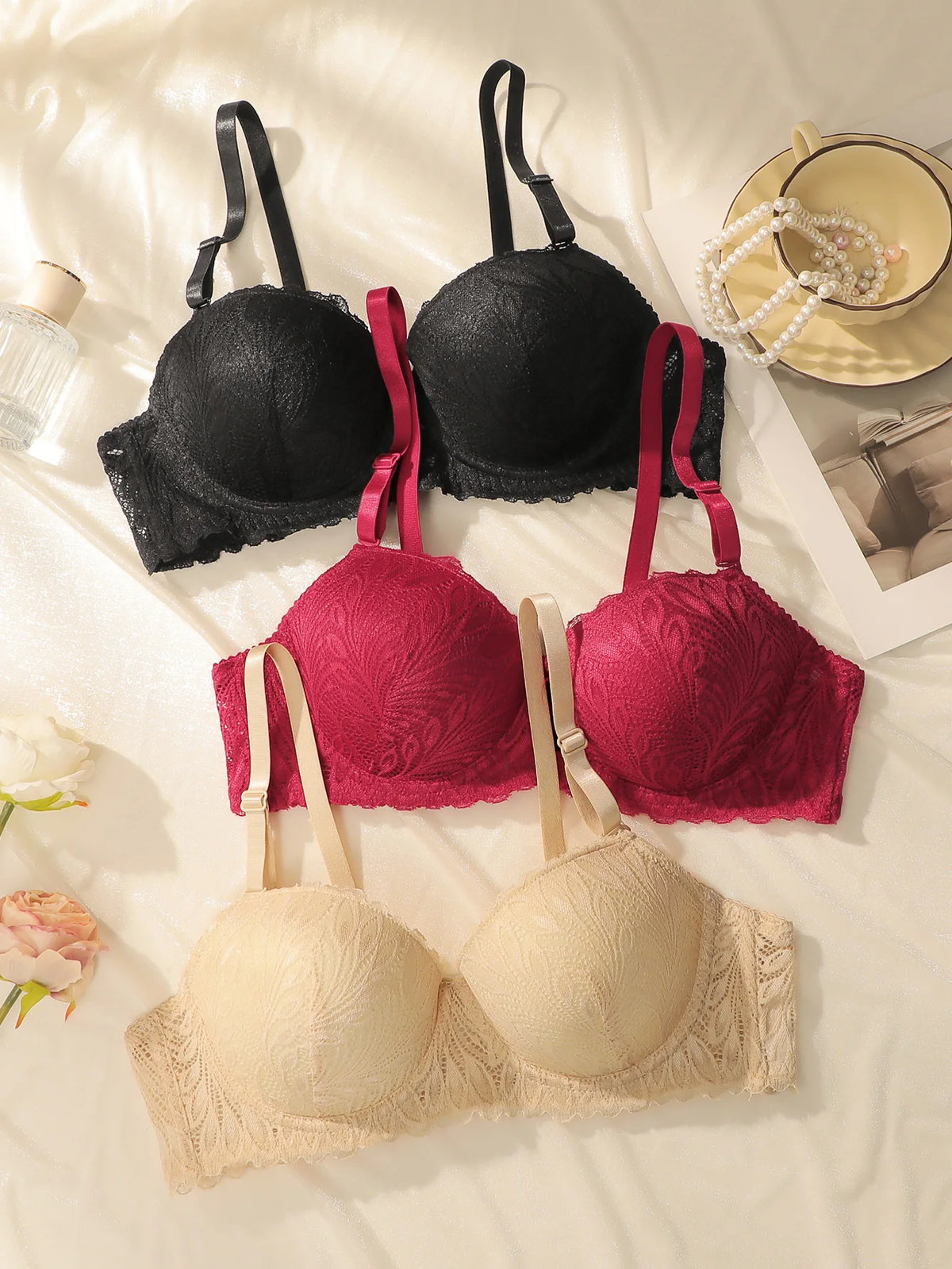 3 pezzi, diversi colori, reggiseno push-up con ferretto e inserti in pizzo, intimo femminile alla moda, slip, reggiseno da indossare tutti i giorni, modello 2941.