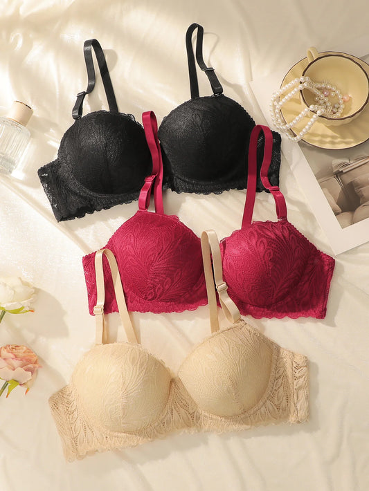 3 pezzi, diversi colori, reggiseno push-up con ferretto e inserti in pizzo, intimo femminile alla moda, slip, reggiseno da indossare tutti i giorni, modello 2941.