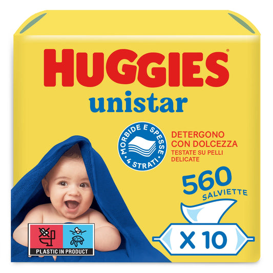 Huggies Unistar, Salviette neonato, Dermatologicamente testate, 65% fibre assorbenti naturali, 560 Pz (56 x 10)
