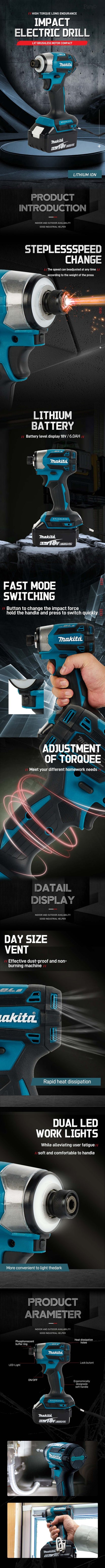 Makita DTD173 Avvitatore a impulsi senza fili 1800RPM 180N.m Motore brushless Trapano elettrico per legno/bulloni/modalità T per batteria Makita
