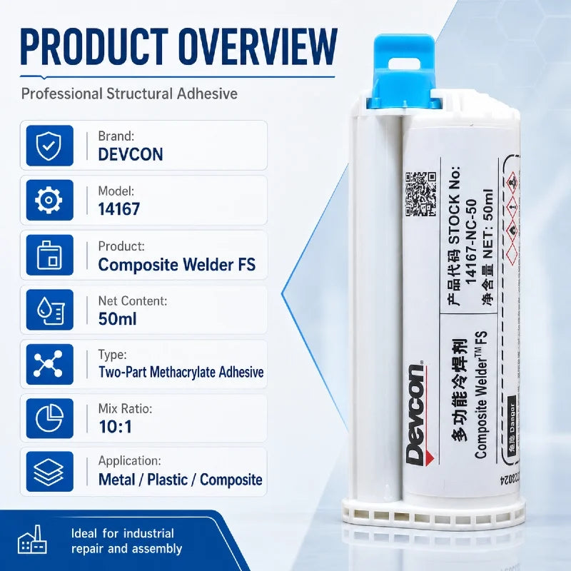 Adesivo Strutturale Bicomponente in Metacrilato Devcon 14167 FS 50ml, Colla a Rapida Asciugatura per Riparazione di Metallo, Plastica e FRP