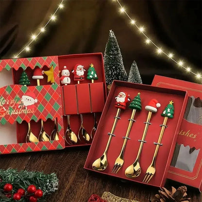 Set cucchiaio e forchetta natalizio in acciaio inossidabile caffè tè utensili da dessert confezione regalo design albero di Babbo Natale facile da pulire     6/4/2/1PZ