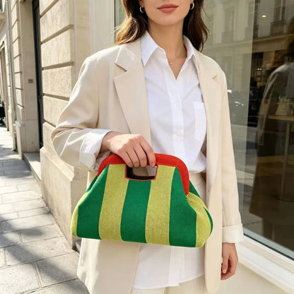 Nuova borsa intrecciata traforata a righe, borsa a mano in maglia, versatile borsa portatile per cosmetici