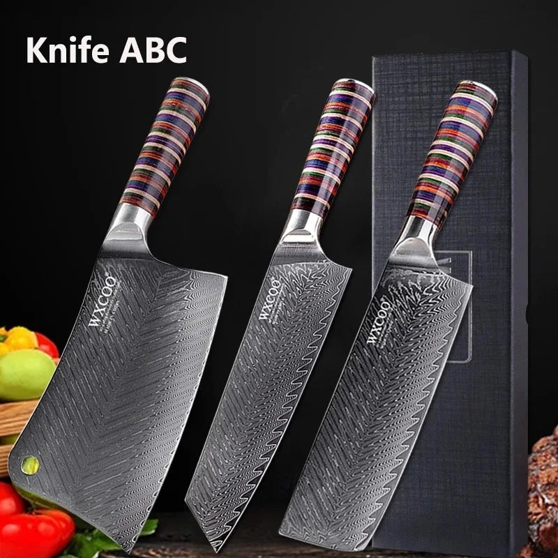 Coltelli da Cucina Professionali WXCOO in Acciaio Damascato con Scatola, Coltello Giapponese per Affettare, Coltello Domestico per Frutta e Verdura, Coltello da Disosso a 67 Strati