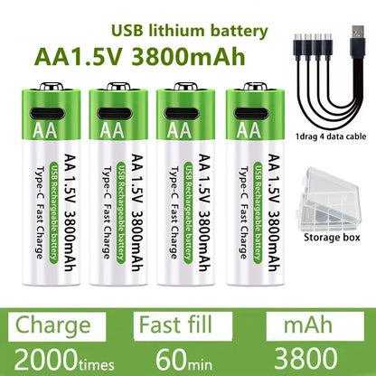 Nuove Batterie al Litio Ricaricabili AA 1.5V 3800mAh + AAA 3000mAh, Ricarica Rapida, 1200 Cicli, con Cavi Gratuiti e Scatola