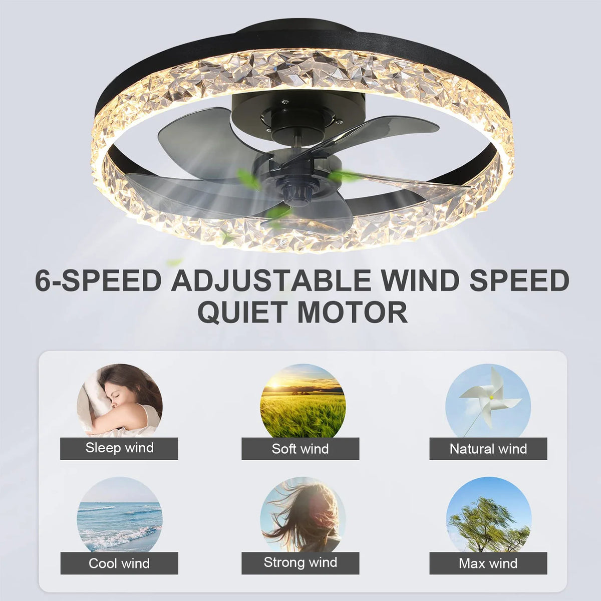 Ventilatore da Soffitto Intelligente con Lampada, Controllo Remoto e App, 6 Livelli di Vento, Dimmerabile, Nero Bianco 50CM, Ventilatore per Raffreddamento Domestico