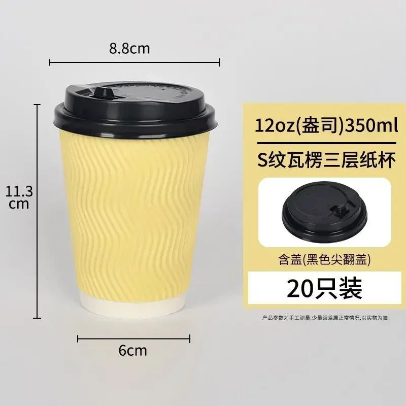 20 set di bicchieri di carta usa e getta colorati, onde di carta ondulata, antiscottatura, tazze da tè al latte, tazze da caffè confezionate da asporto con coperchio