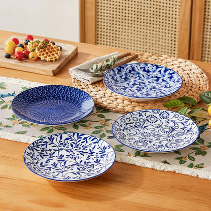 vancasso Selene Piatti da Dessert in Porcellana, Diametro 21 cm, Adatti per Microonde e Lavastoviglie, Design Vintage in Blu/Bianco, Set di 4