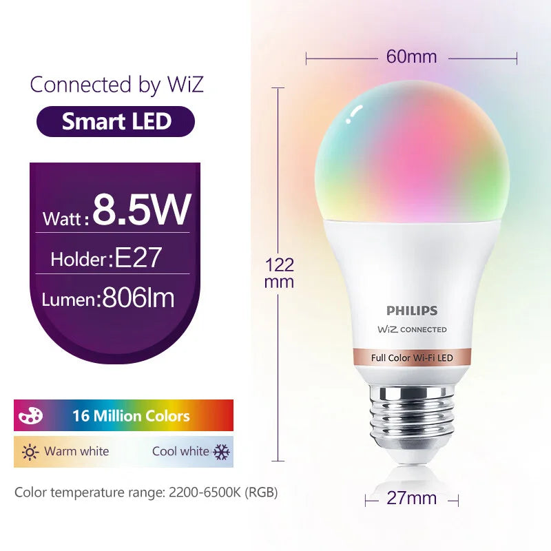 Philips 2PCS LED Smart E27 Lampadine WiZ 8.5W Wi-Fi e Bluetooth 220-240V Full Color EyeComfort Luce smerigliata dimmerabile A Lampade