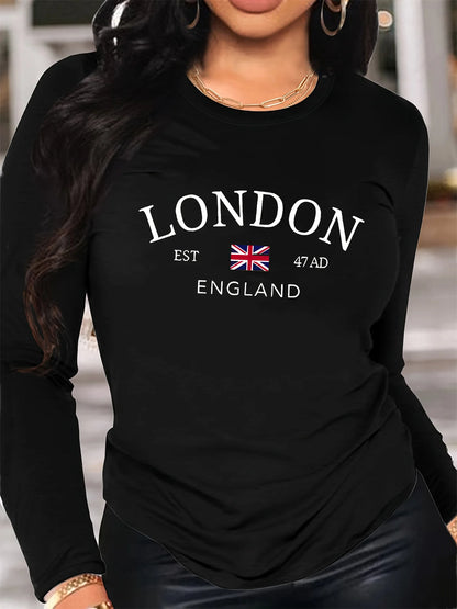 T-shirt da donna in 100% puro cotone, ideale per la primavera e l'autunno, comoda, casual, a maniche lunghe, con stampa a motivi inglese e scollo rotondo.