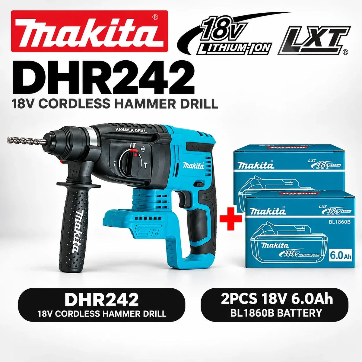 Trapano a percussione rotante senza fili Makita DHR242 18V, capacità per calcestruzzo 24mm, SDS Plus 4700 IPM 2.0J, utensile da costruzione per impieghi gravosi a 3 modalità, compatibile con BL1860B BL1850B BL1815, spedizio