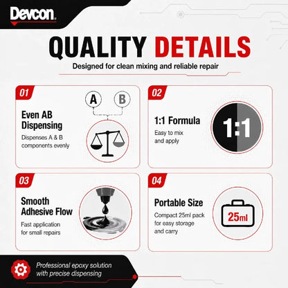 Adesivo Epossidico Devcon 14250 a Rapida Polimerizzazione in 5 Minuti, Colla Bicomponente AB 25ml per Riparazioni su Metallo, Vetro, Ceramica e Legno