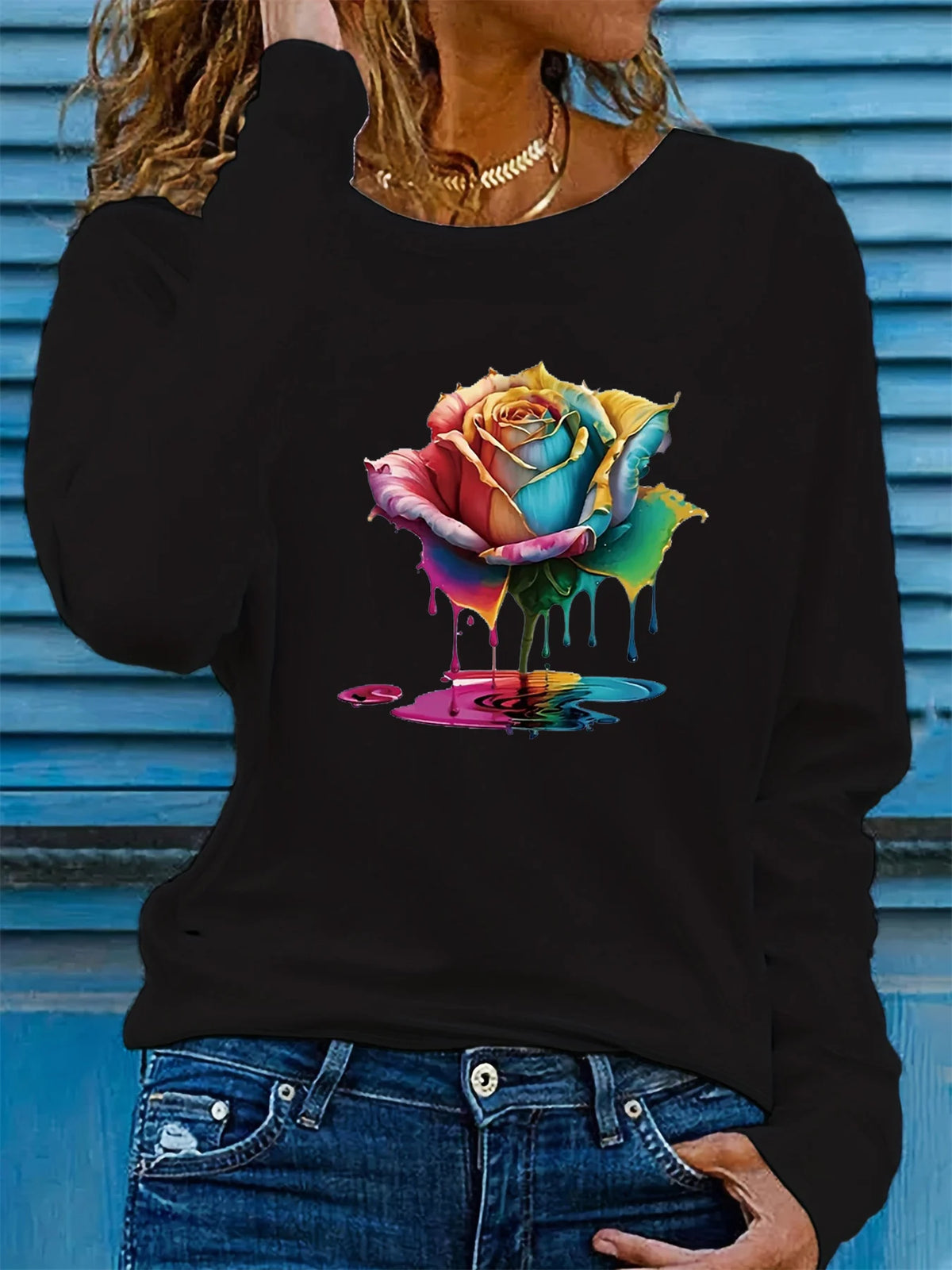 T-shirt da donna in 100% puro cotone, a maniche lunghe, con scollo rotondo, stile casual, con stampa grafica floreale, vestibilità ampia, ideale per la primavera e l'autunno.